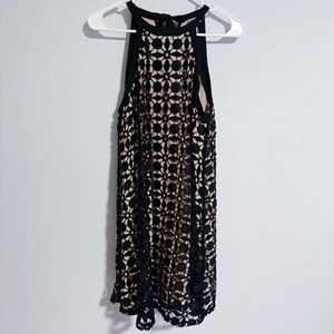 Chelsea28 - Black and Tan Crochet Overlay Dress